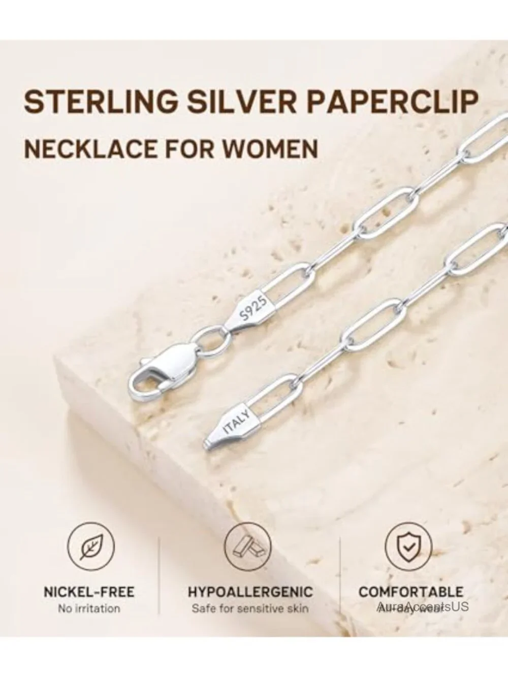 925 Sterling Silver Paperclip Necklace for Women - 3MM Durable Chain, Lobster
